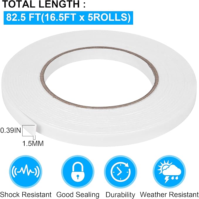 Double Sided Foam Tape 0.39In x 16.5FT 5 Pack, Mounting Tape Heavy Duty
