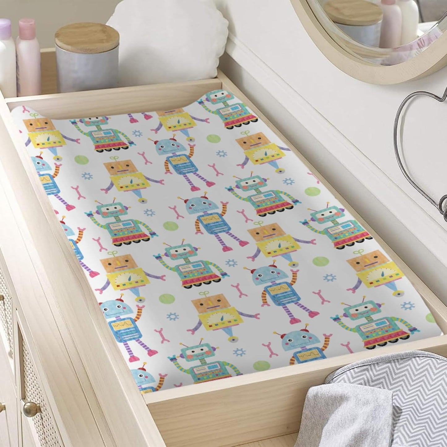 Cartoon Robots Changing Pad Covers Cute Robots Baby Diaper Changing Table Cover for Boys Girls Robots Nursery Decor Ultra Soft Breathable Stretch Changing Table Sheets Mats 32''x16''