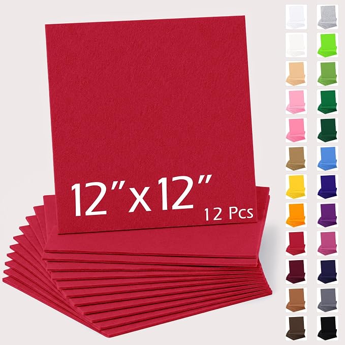 12" x 12" Felt Sheets for Crafts, 2mm Stiff Felt Fabric, Polyester Felt Squares