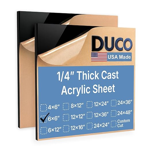 Duco Black Cast Acrylic Sheets 1/4" Thick 6" x 6"