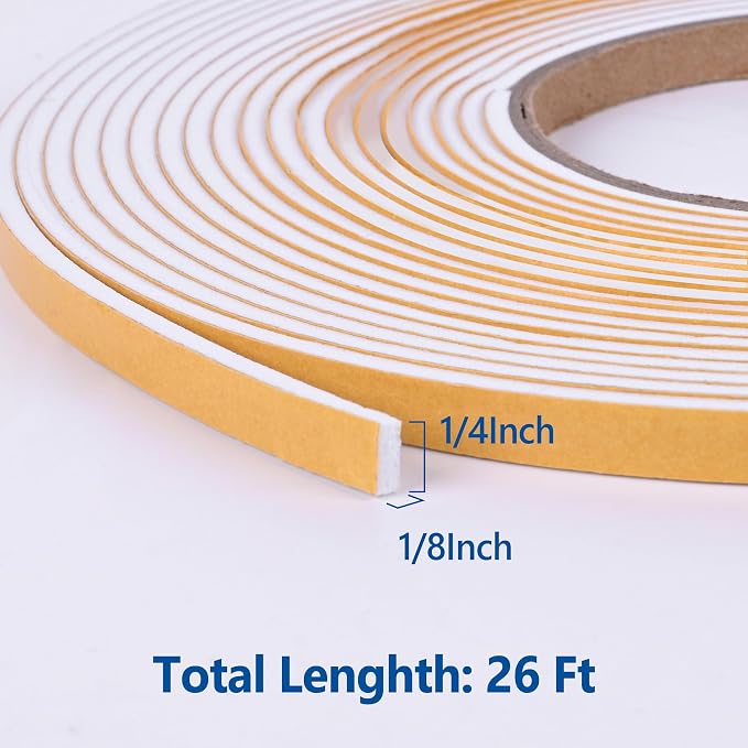 Kikerike Self Adhesive Foam Tape Weatherstrip 1/4in x 1/8in x 26Ft High Density