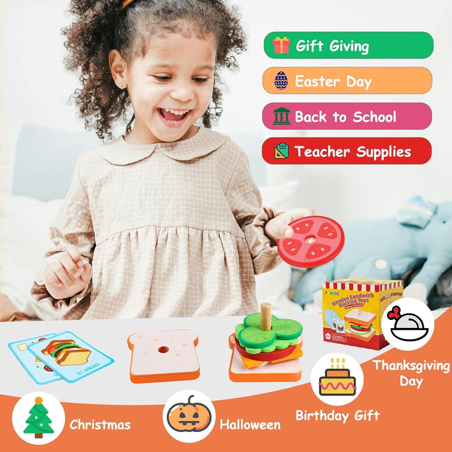 Wooden Sandwich Stacking Toys, Montessori Toys for Toddlers Kitchen Play Food Educational Preschool Learning Toys Christmas Birthday Gift Kids Toys for Boys Girls 3 4 5 Years Old (Sandwich)