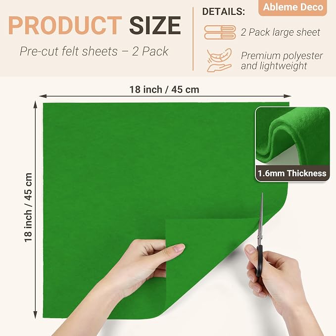 Emerald Green Felt Fabric Sheets 18" x 18" 1.6mm Soft Craft Felt | Soft Precut