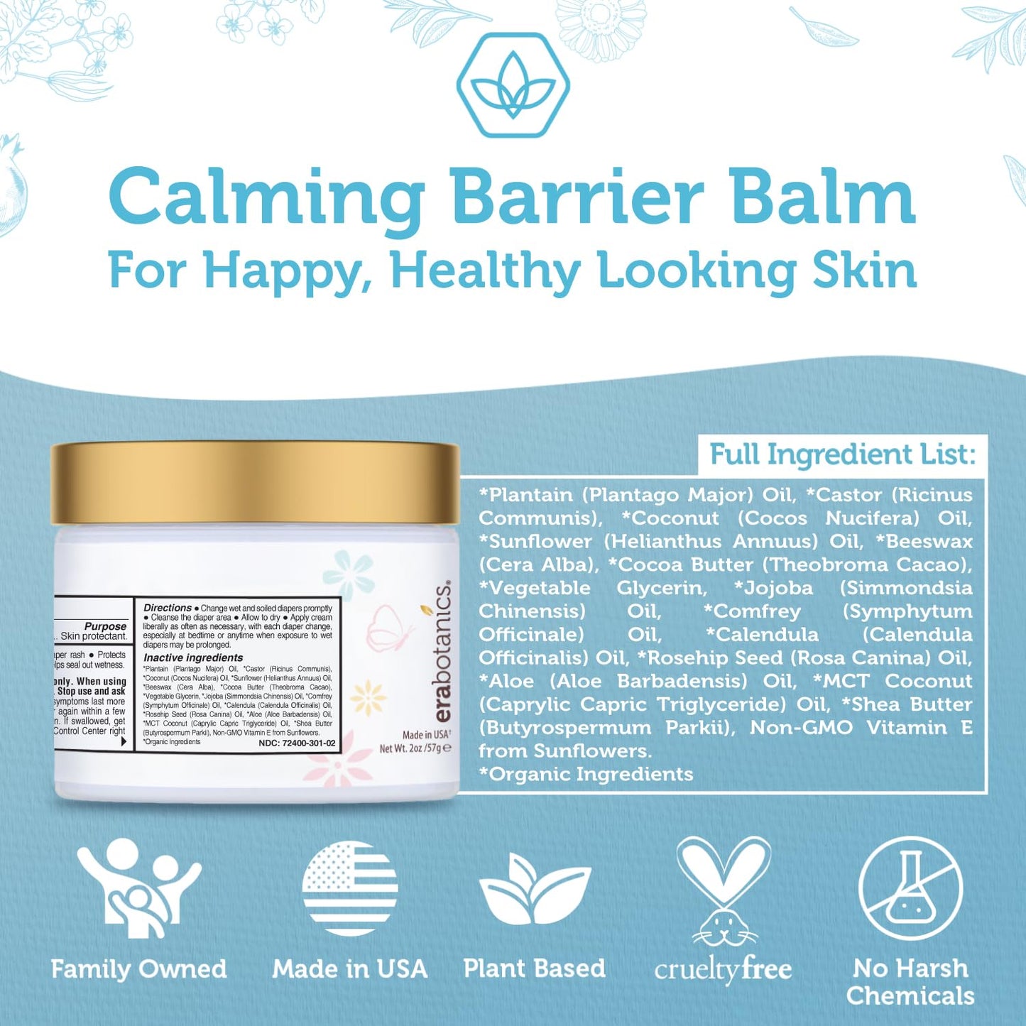Era Organics Diaper Rash Cream For Baby - Extra Soothing and Moisturizing with Zinc Oxide, Organic Aloe Vera, Chamomile, Calendula Plus More - Gentle Butt Rash Moisturizer