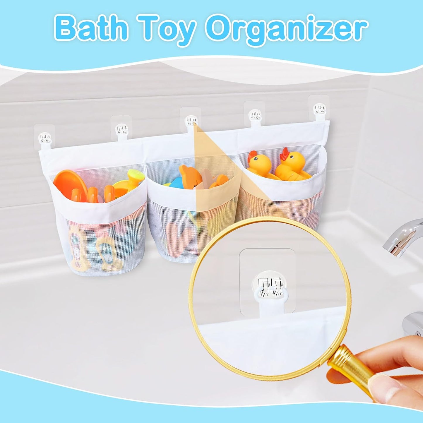 Bathtub Toy Storage, 3 Compartments Bath Toy Holder, Bath Toy Organizer with 5 Hooks Convenient Suspension, Mesh Material Bathtub Toy Storage Keeps Toys Dry & Breathable, Develop Children's Habits