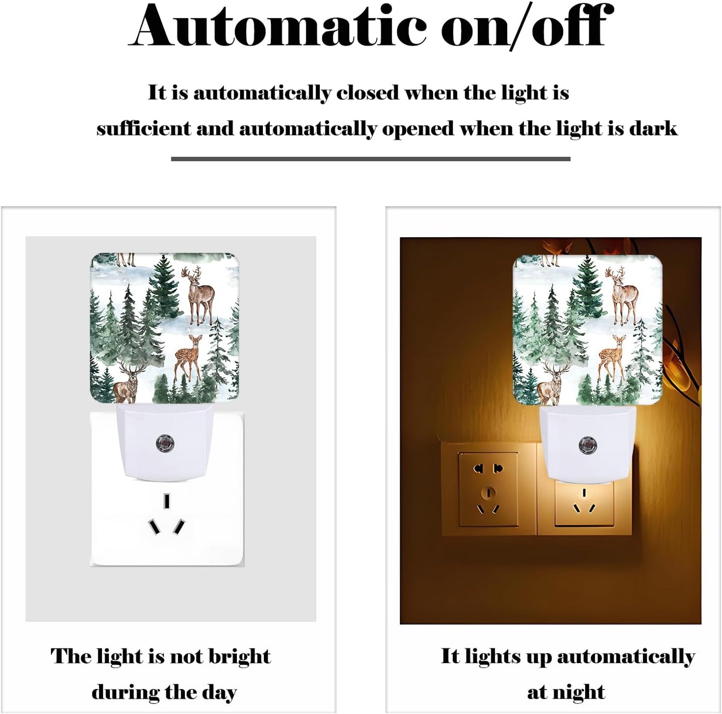 Watercolor Deer and Forest Night Light,Plug Into Wall for Boys Girls Bedroom Decorative Square Night Light Lamp 0.5w Sleep Friendly