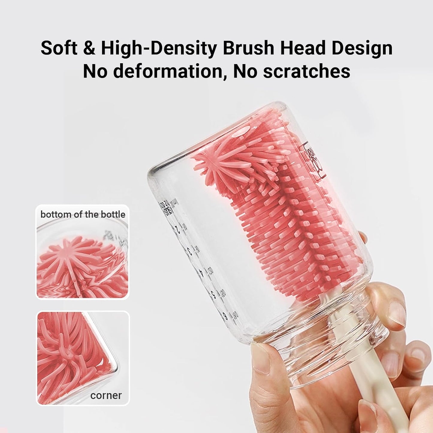 Baby Bottle Brush, 7 in 1 Travel Baby Bottle Cleaner Brush Set with Silicone Brush, Nipple Brush, Straw Brush, Soap Dispenser, Portable Drying Rack, Breast Pump & Bottle Cleaning Kit - Coral Pink