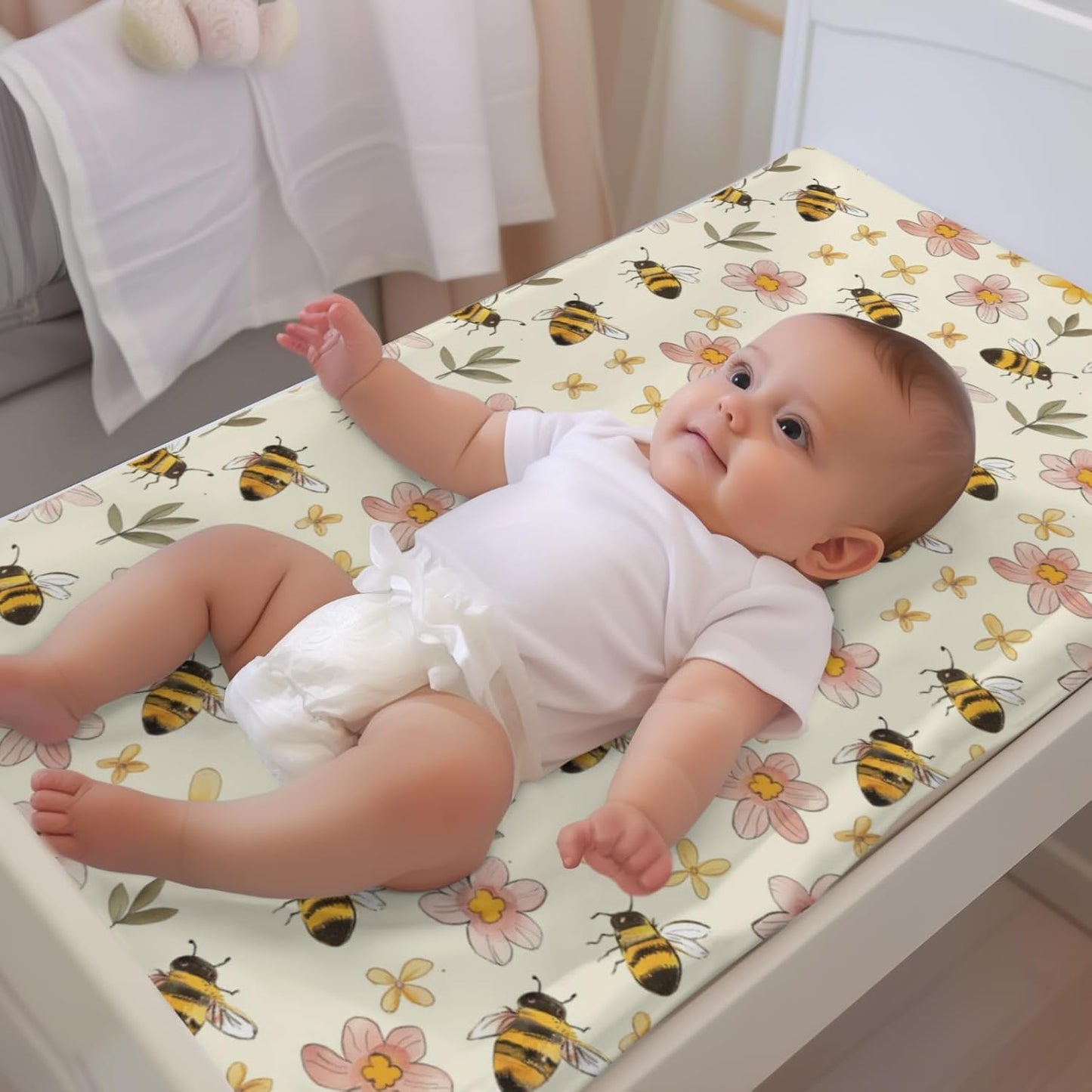 Soft 2 Pack Cartoon Spring Bee Flowers Floral Pattern Baby Changing Pad Covers for Infant Newborn, Unisex Bee Nursery Fitted Diaper Changing Table Pad Mat Sheets for Boys Girls-16x32