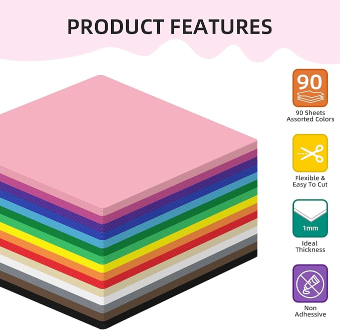 Foam Sheets 90 Pack, 8 x 8 Inch, 15 Assorted Colors, 1mm Thick EVA Foam Paper