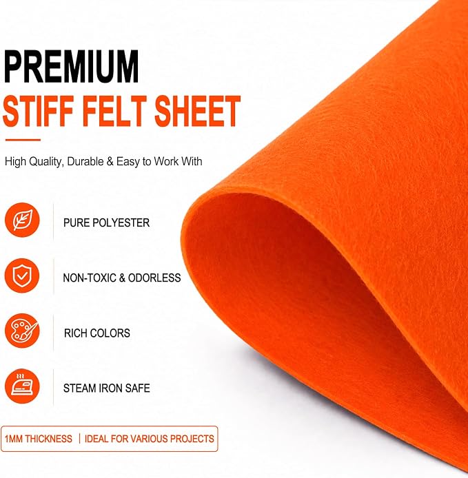 Orange Large Felt Fabric 36" x 36", 1mm Stiff Felt Sheet, Nonwoven Fabric
