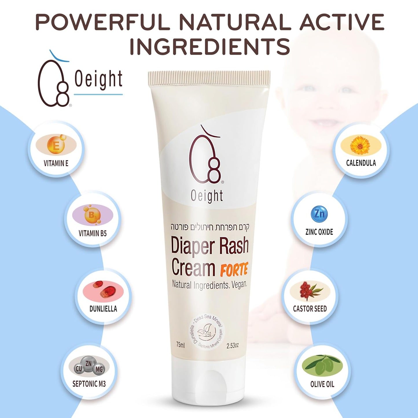 Oeight Diaper Rash Cream Forte, Dermatologically Tested & Hypoallergenic Formula for Baby Skin with 100% Natural Active Ingredients, No Parabens & Unscented - for Mild to Severe Diaper Rash, 75ml