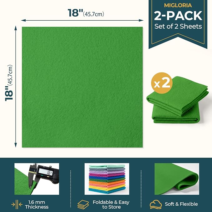 Felt Fabric Sheet 18 x 18 Inch, 1.6mm Thick | Soft and Flexible Nonwoven