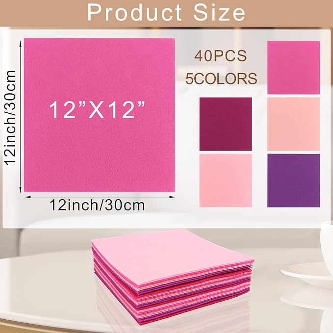 40 Pcs Stiff Felt Fabric Sheet for Crafts, 1mm Thick and 12”x12”Pink Series