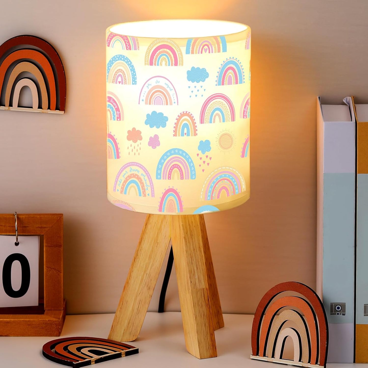 VIHOSE Rainbow Kids Tripod Table Lamp for Bedroom Kids Bedside Lamp with Linen Wooden Nightstand Cartoon Nursery Lampshade for Girls Boys Living Room