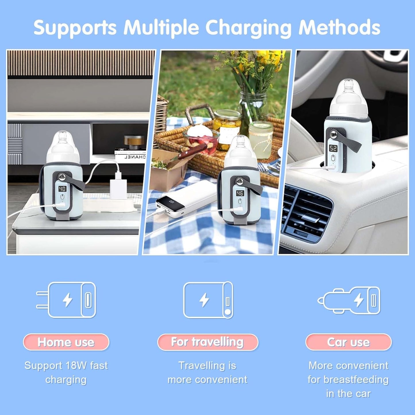 Portable Bottle Warmer, Baby Milk Warmer for All Bottles, Rapid Heating Accurate Temperature Control with LED Display, USB Warmer Bottle Suitable for Home and Outing (Blue)