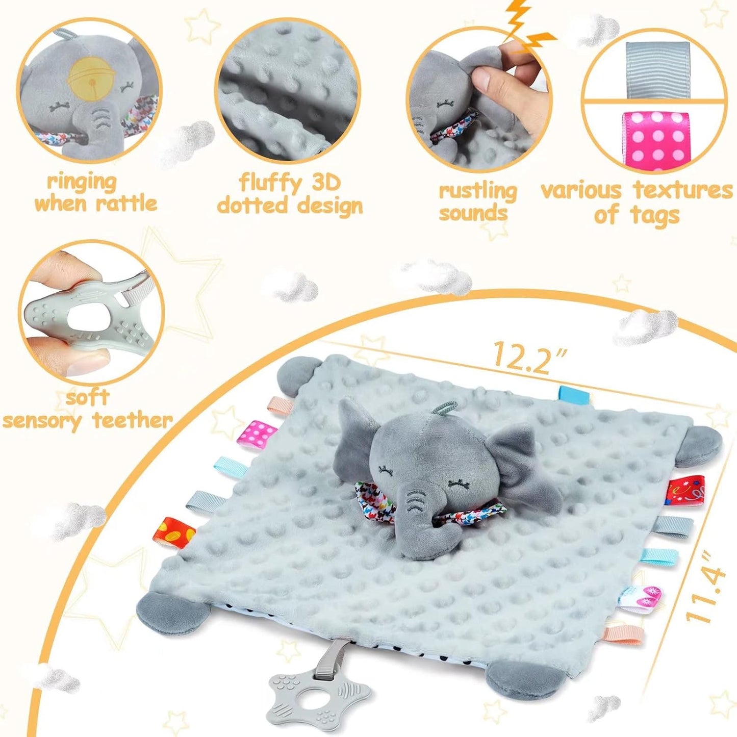 Elephant Security Blanket with Teether - Soft Baby Blanket for Boys & Girls - Dotted, Soothing