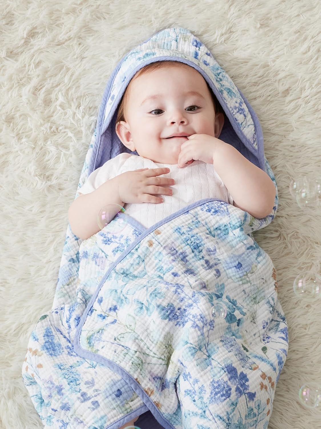 TILLYOU Muslin Hooded Baby Towels for Newborn 2 Pack, 32x32Inch Soft Baby Bath Towel Highly Absorbent for Newborn and Infant, Essential for Newborn Care, Blue Flower