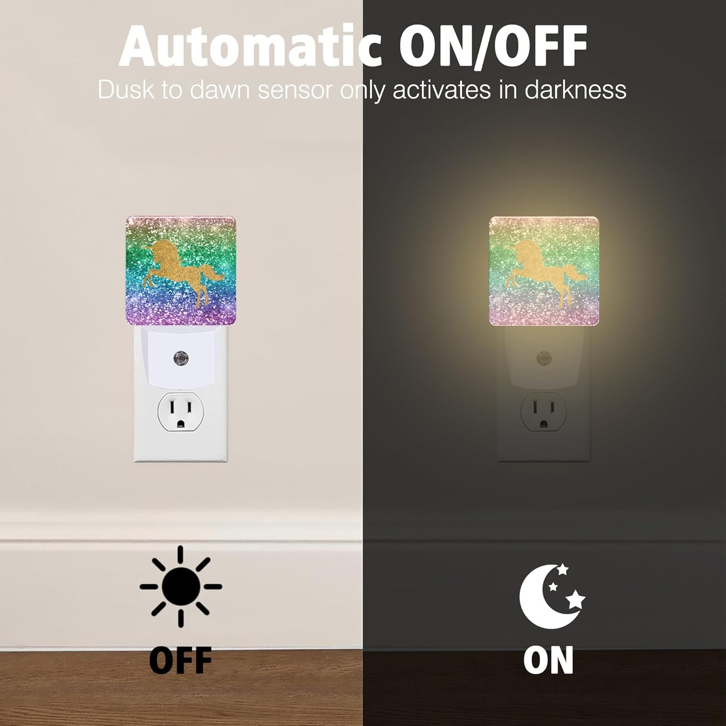 Sparkles Unicorn Night Lights Plug into Wall for Girls Boys Room, Night Lights LED Lamp with Dusk to Dawn Sensor Nightlight for Bedroom Kitchen Bathroom Hallway Home Wall Decor