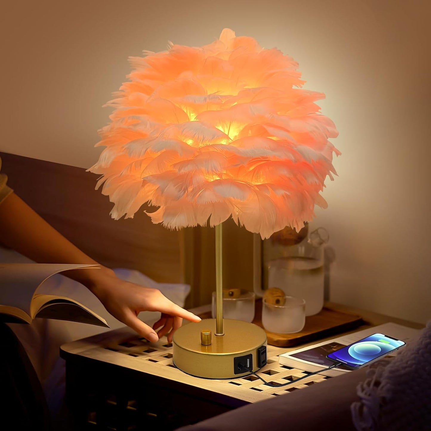 ZYLEIESENBAO Pink Feather USB Charger Table Lamp Feather Bedside Lamp Cute Nightstand Lamp with Outlets Princess Desk Light for Girl Bedroom Living Room Entryway Hotel Wedding Women's Gift Decoration