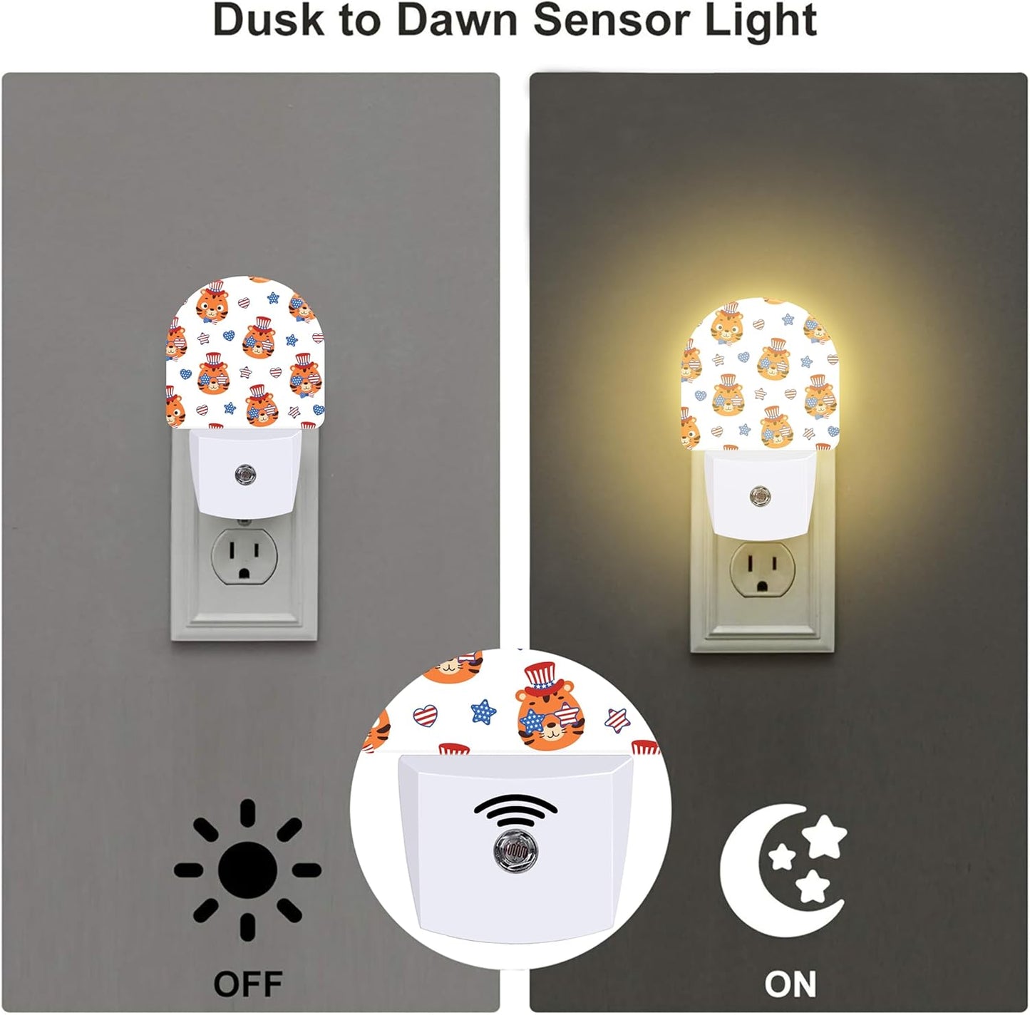 American Flag and Cute Tigers Night Light Plug into Wall, Cartoon Animals Patriotic Dusk to Dawn Night Light,0.5w Energy Saving Sleep Friendly Nightlights for Kids Boys Girls Home