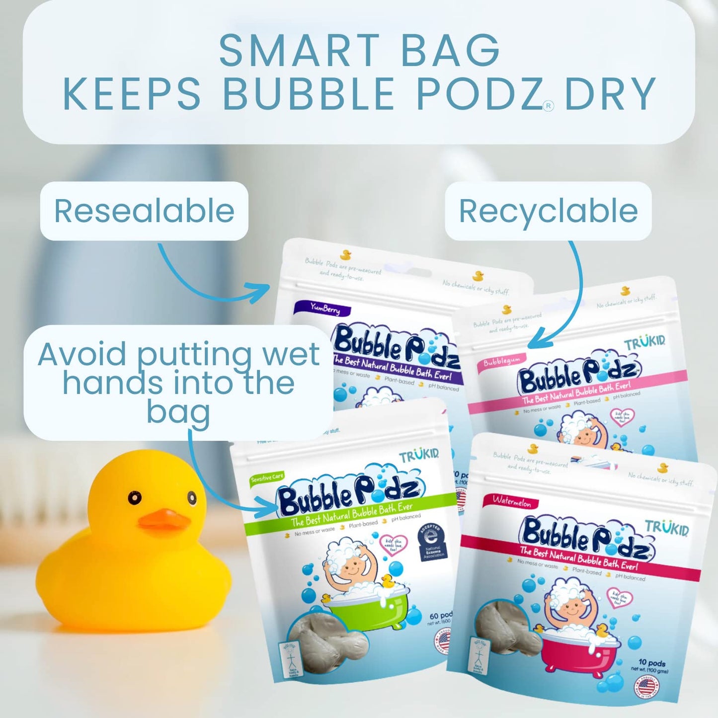 TruKid Bubble Podz Bubble Bath for Kids, Toddlers, & Babies, Tear Free Gentle & Refreshing Bath Bomb for Sensitive Skin with Natural Moisturizers, Non-Toxic, pH Balanced, Yumberry Scent (10 Podz)