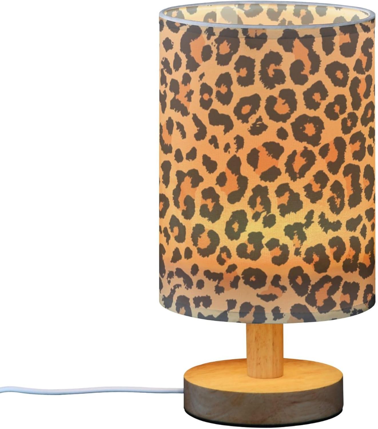 Table Lamp Leopard Print Wild Animal Skin Scale Design Pattern Nightstand Lamp with Wood Base Fabric Lamp Shade Bedside Desk Lamp for Living Room Bedroom Kids Room Office