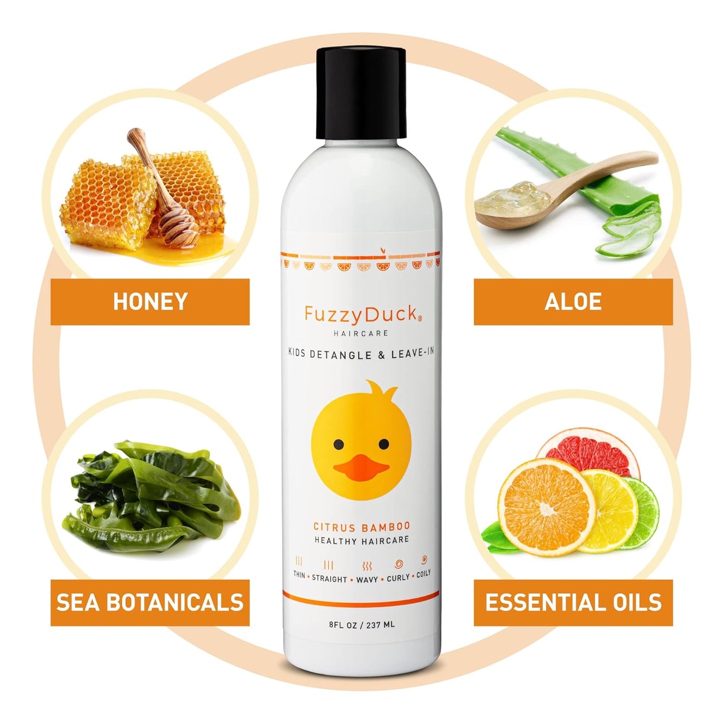 FuzzyDuck Kids Detangler & Leave-in Conditioner – Lightweight Moisturizer for Frizz Control & Curl Definition, Hydrates & Softens Dry Hair with Aloe, Sea Botanicals & Honey (Citrus Bamboo, 8oz)