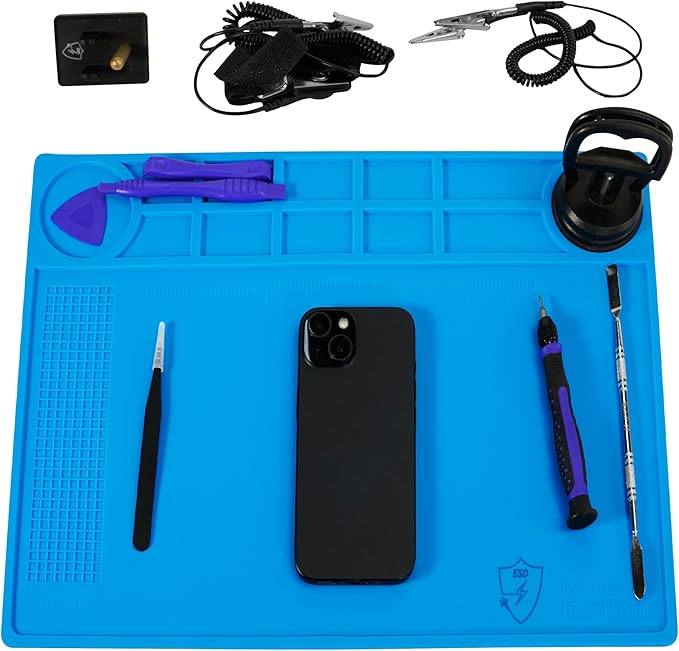 Kaisiking Anti-Static Mat Kit for Electronic - Anti Static Wrist Strap, Grounding Wire,Grounding Plug, ESD Pad 15.7'' x 11'' Heat Resistant Soldering Mat for Electronics Computer Repair