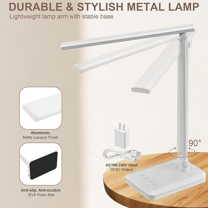 LED Desk Lamp with USB Charging Port Whole White for Home Office Essentials Table Lamp with Eye-Caring 4 Color Temperature Touch Control Stepless Dimming Desk Light for College Dorm