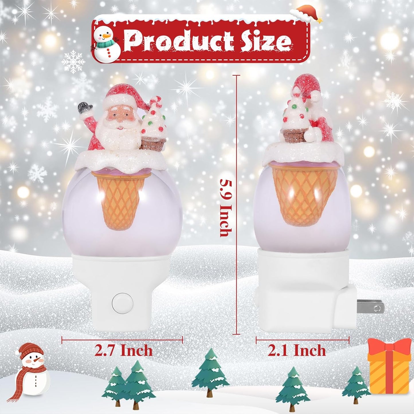 2 Pack Christmas Santa Night Light Plug into Wall Glitter Water Nightlight with USB/Outlet Options, Christmas Decorative Nightlight for Bedroom Kitchen Holiday Decorations Gifts (Santa Ice Cream)