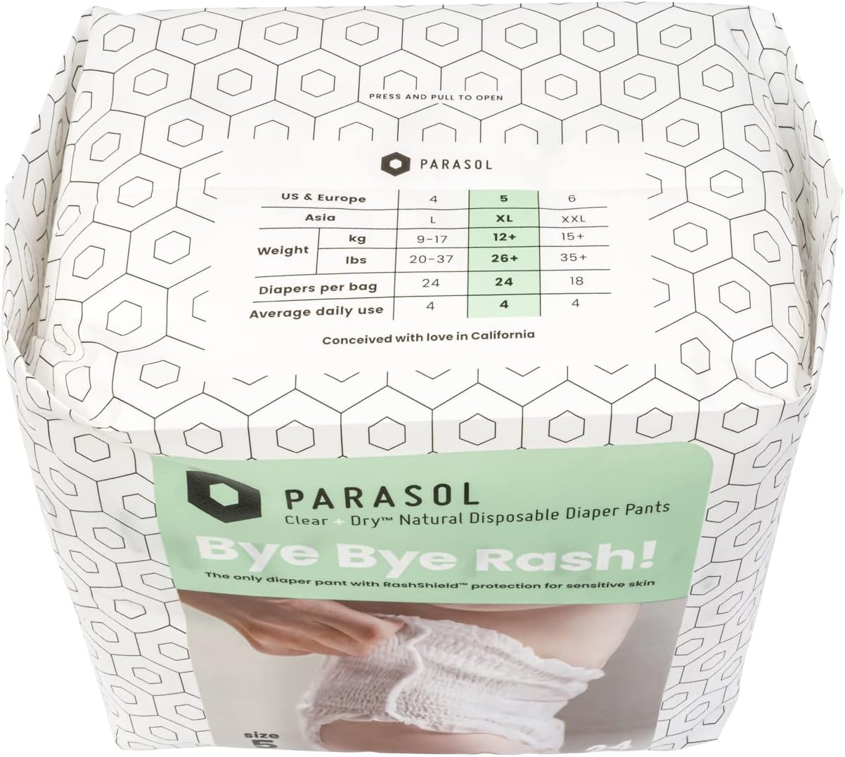Parasol Clear+Dry Natural Disposable Diaper Pants, RashShield Protection and Active 360 Comfort Wrap, Hypoallergenic Training Diapers, Size 5 (3T-4T), 96 Count