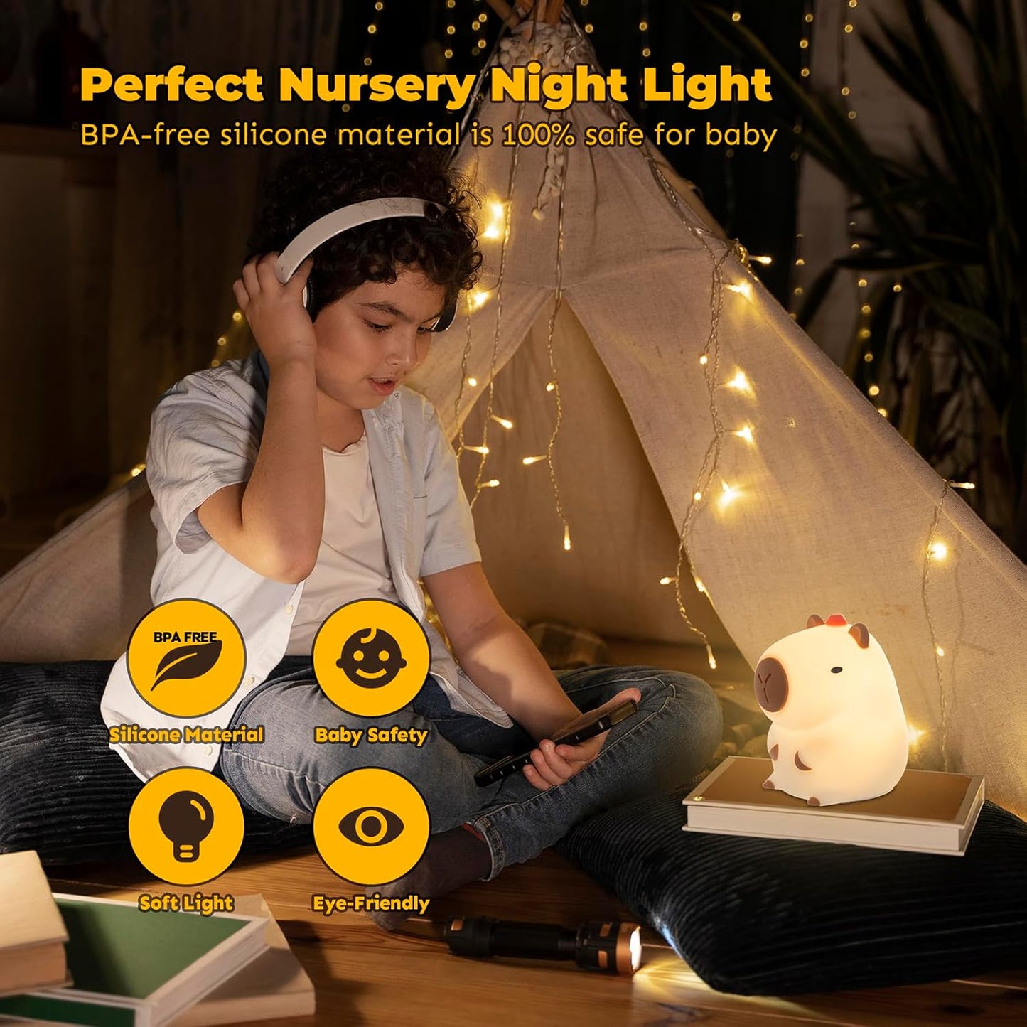 LED Squishy Animal Night Light - 2 Level Dimmable Nursery Lamp for Kids, Rechargeable Touch Lamp, Cute Dorm Decor - Perfect Baby Boys Girls Gift (Kapibala)