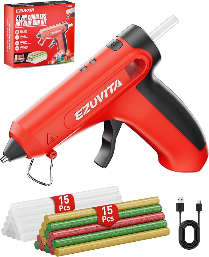 4V Red Cordless Hot Glue Gun Kit, 30-Piece Glue Sticks | 2600mAh Built-In