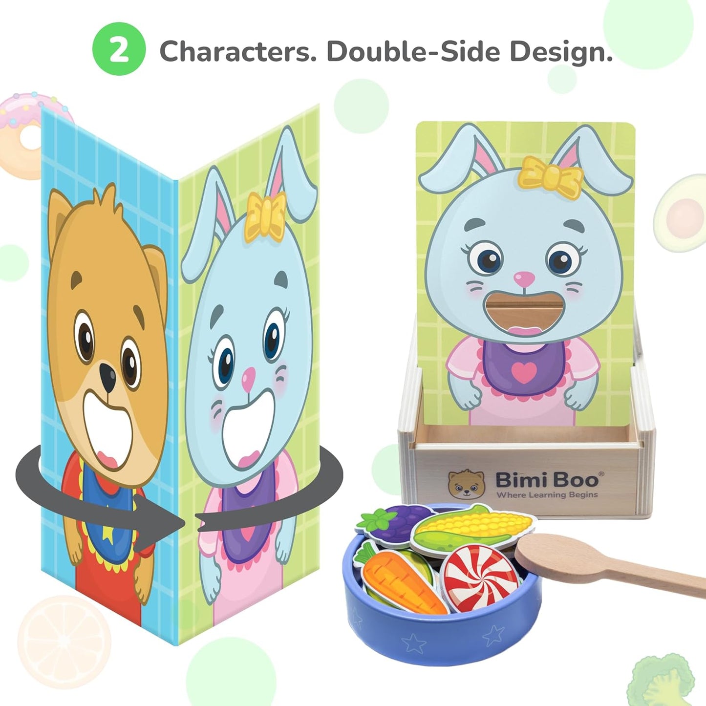 Bimi Boo Wooden Feeding Toy - Montessori Scooping Toy for Toddlers 1-4+ - Fine Motor Skills Pretend Play Food Set for Kids (27 Various Foods, a Spoon, Bowl)