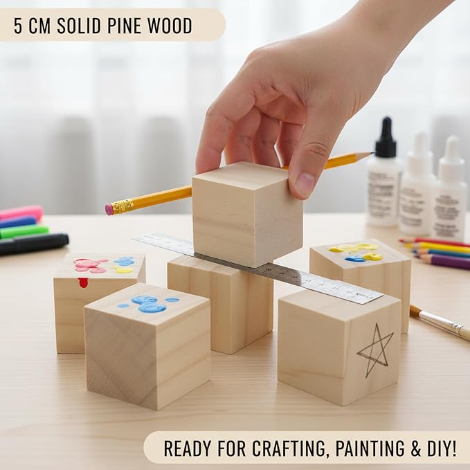 Wood Blocks for Crafts, Unfinished Wood Cubes, 2 Inch Natural Wooden Blocks