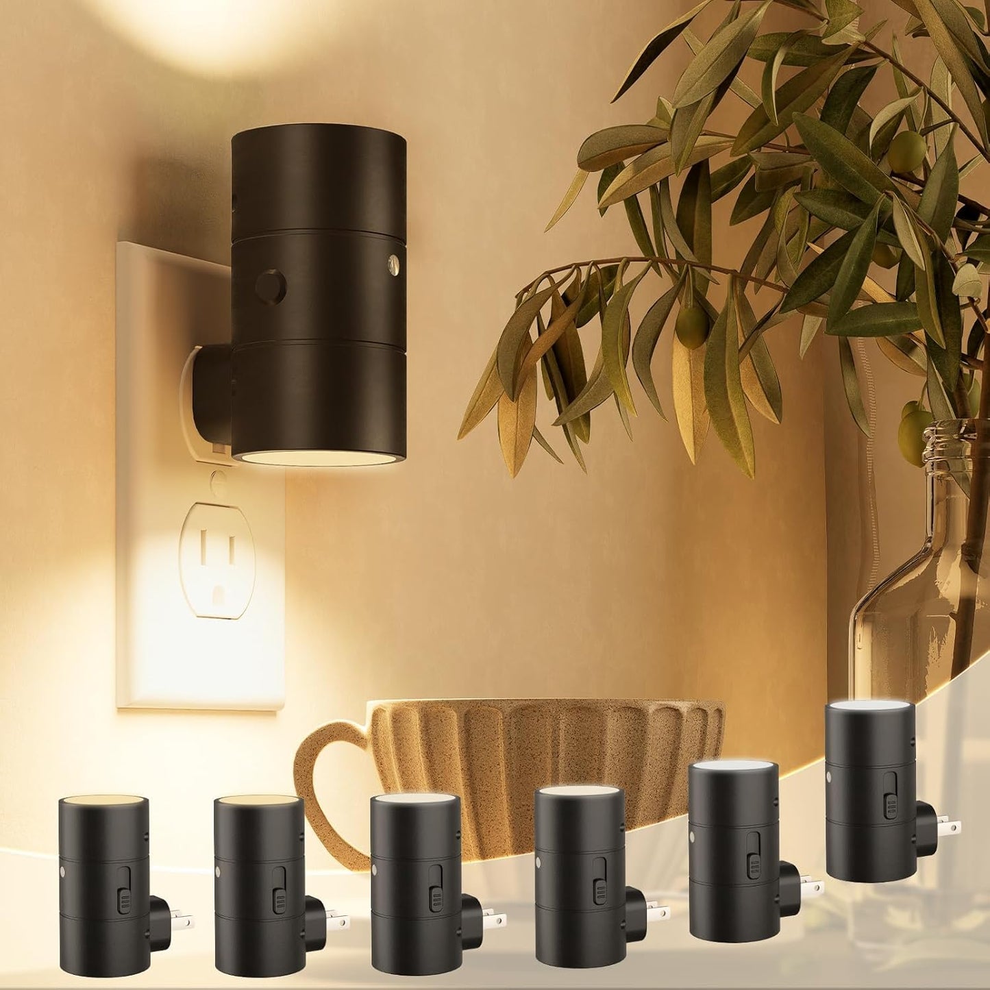 NIORSUN Night Lights Plug into Wall, Dimmable with 3 Color Modes & Auto On/Off Sensor, Ultra-Slim Nightlight for Hallway, Bathroom, Bedroom, Nursery, Kitchen (6 Pack, Black)