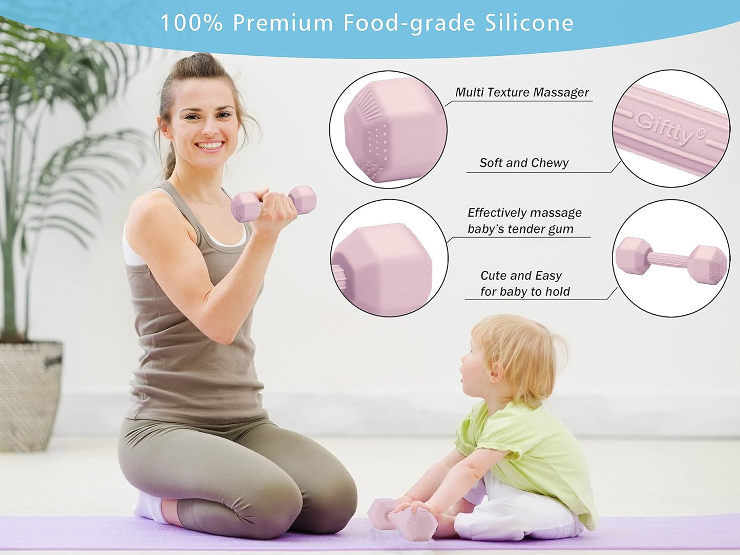 Giftty Baby Dumbbell - Silicone Infant Rattle Teething Toy Teether Toddler Sensory Toy Durable Safe Exercises Workout Weight - Great Gift for Girls and Boys (1pcs 4.8oz - Pink)