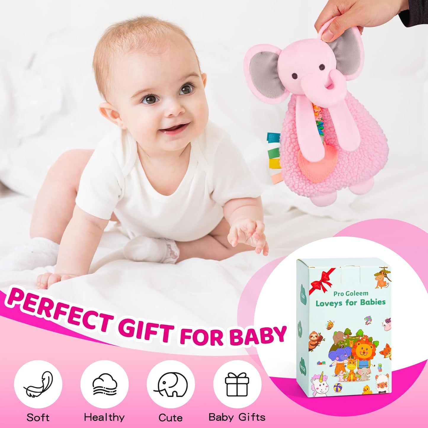 Pro Goleem Pink Elephant Loveys for Babies Girl and Boy, Baby Lovey with Teether, Baby Toys 0 3 6 9 12 Months, Safety Teething Toys for Babies Infant Newborn and Toddler