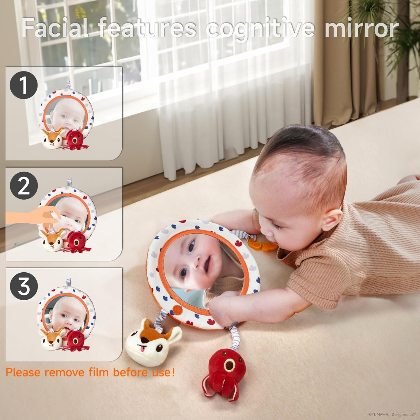 TUMAMA Car Seat Toys 3 6 9 12 Months, Plush Animal Rattle Mirror Soft Crinkle Book Baby Enlightenment Toy Set, Newborn Crib Stroller Play Gym Hanging Toys