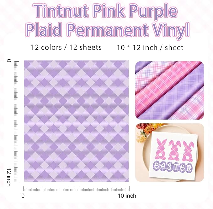 Tintnut Pink Purple Plaid Permanent Vinyl, waterproof, easy peel & stick