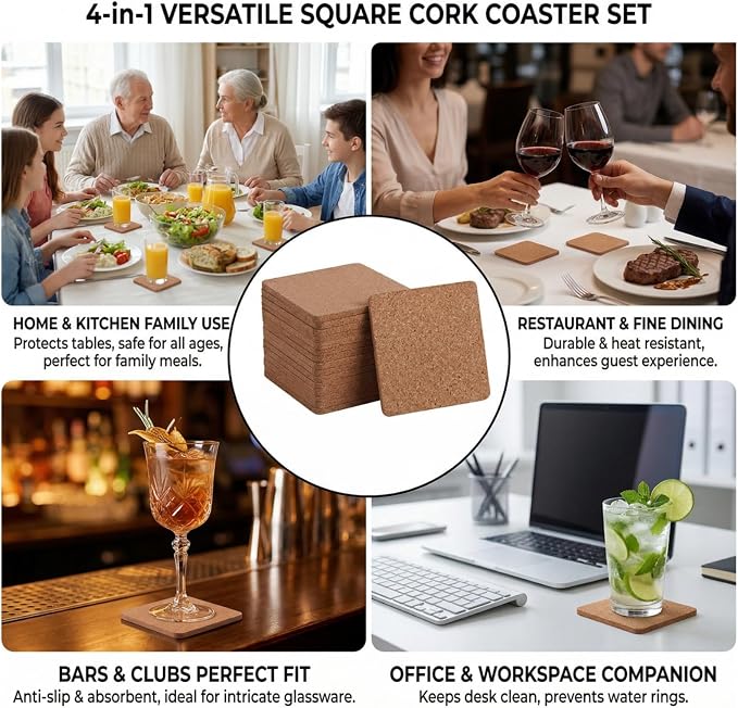 Tebery 30 Pack 4 Inch Square Cork Coasters, 0.2'' Thick Absorbent Drink Pads