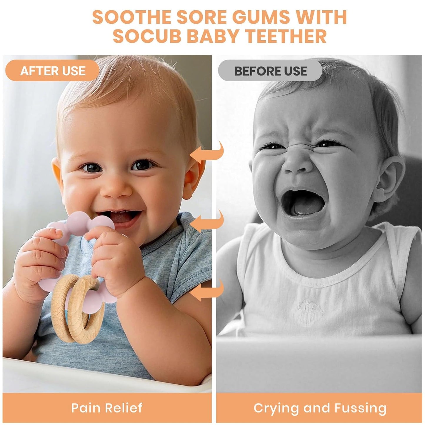 Socub Baby Teething Toys for 0-6 6-12 Months- BPA-Free Food-Grade Silicone & Natural Beech Wood Teether Ring for Newborn Infants Teething Relief- Easy-Grip Sensory Rattle Toys(Dusty Lilac)