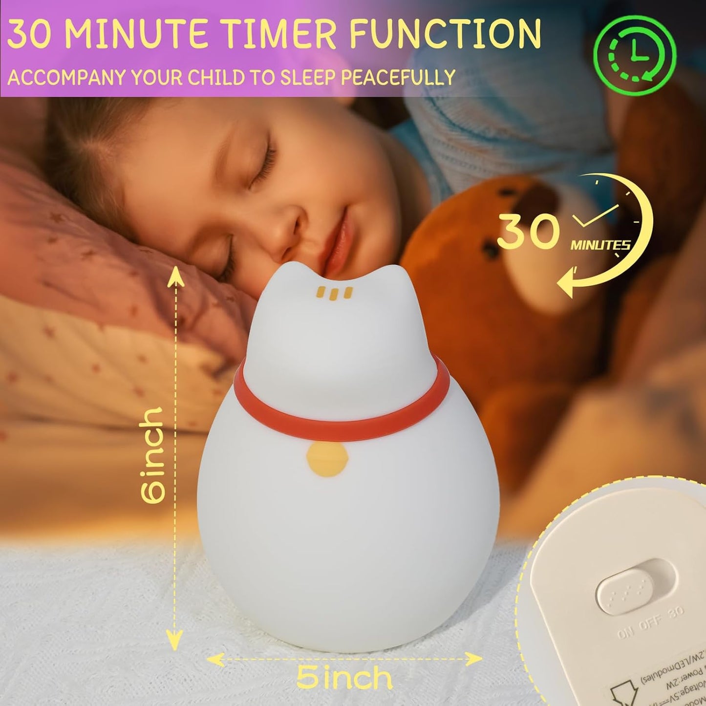 Cat Night Light for Nursery, Silicone Rechargeable Night Light with Timer & 3 Modes, Touch Control Kids Bedroom Light (Cute Cat Design)