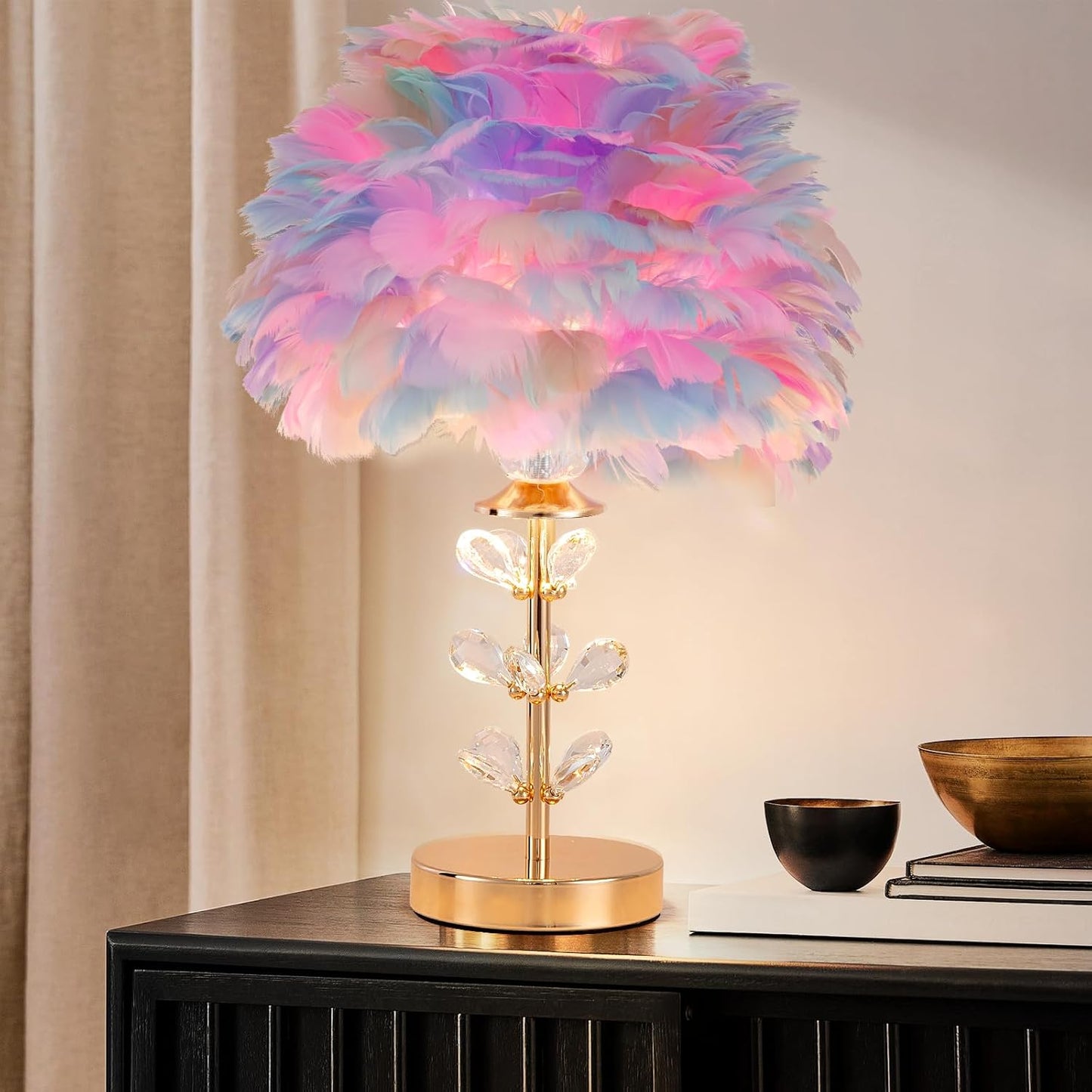Colorful Feather Lamp Creative Furry Table Lamp Modern Feather Desk Lights Romantic Princess Bedside Nightstand Light for Teen Girls Bedroom Living Room Wedding Entryway Office