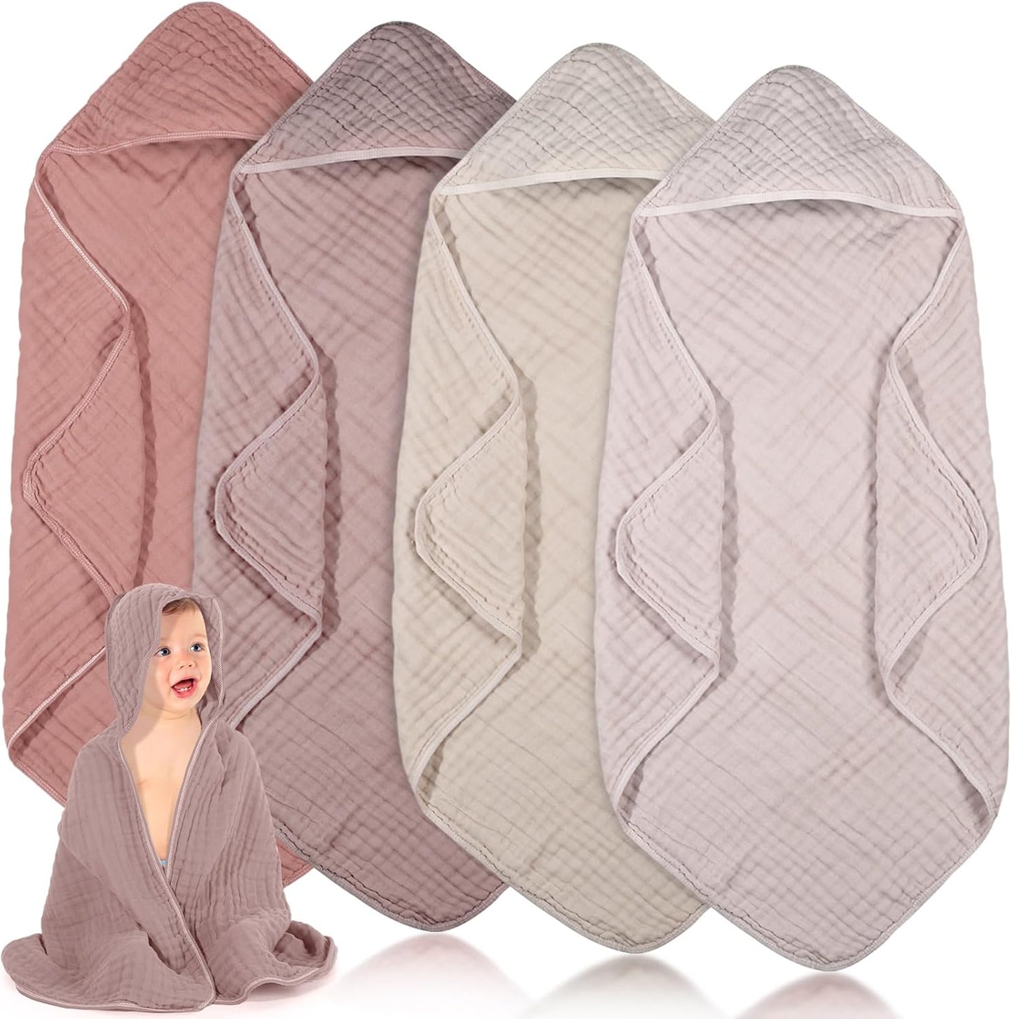 Peryiter 4 Pcs Muslin Hooded Baby Towels, 32"x 32" Cotton Newborn Bath Towel Muslin Infant Baby Blankets Absorbent Unisex Christmas Registry Gift Essentials for Girls Boys (Beige Series)