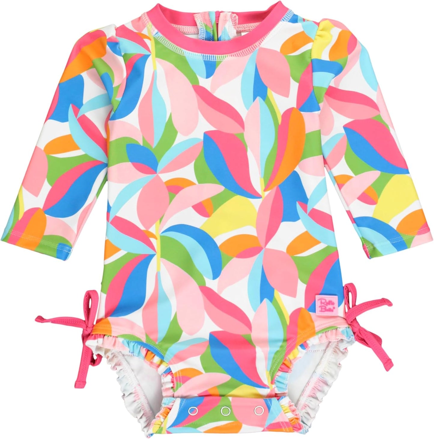 RuffleButts Baby Girls UPF 50+ Sun Protection Novelty Print Long Sleeve One Piece Rash Guard Swimsuit with Zipper