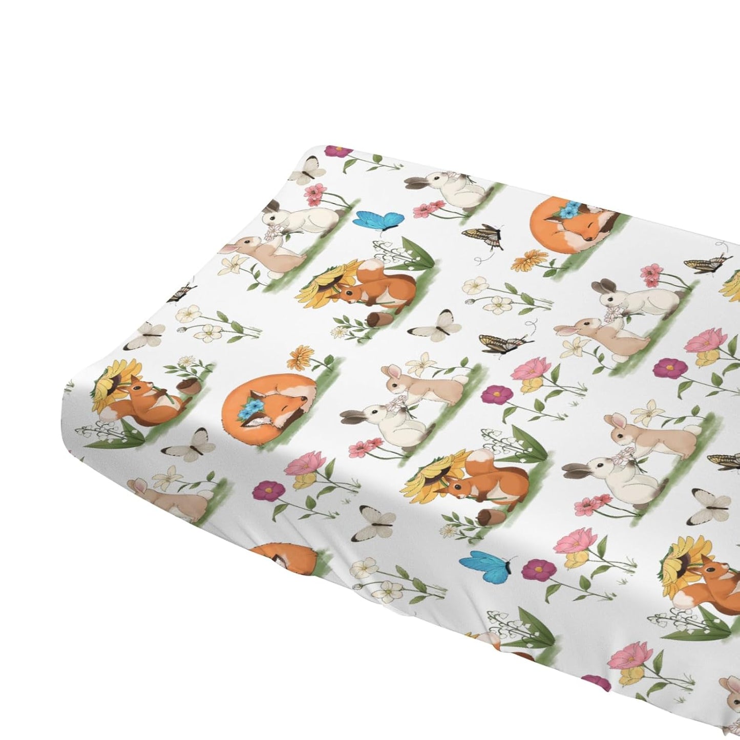 Cute Animals Spring Flowers Baby Changing Pad Covers Boy Girl 32''x16'' Bunny Fox Squirrel Butterflies Floral Fitted Diaper Change Table Mats Forest Soft Breathable Nursery Changing Table Sheets