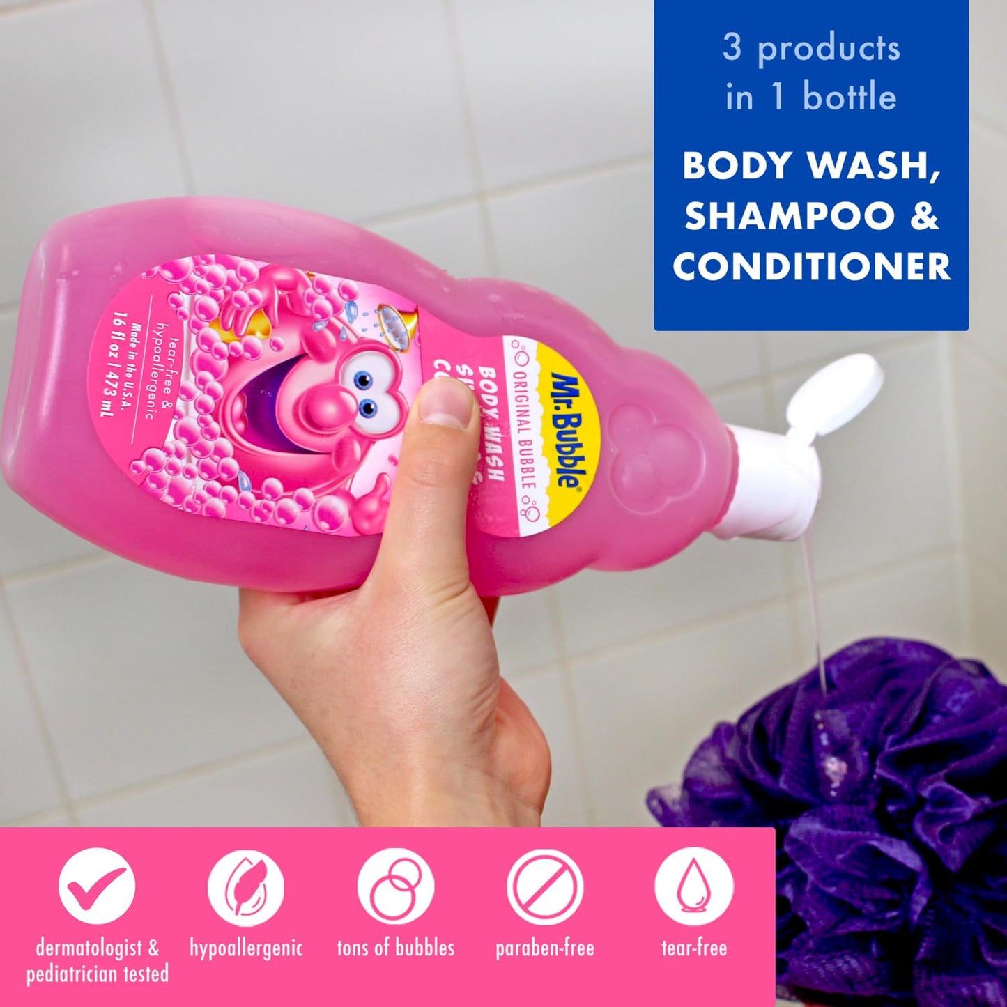 Mr. Bubble Kids Original 3in1 Shampoo, Conditioner, Body Wash – Hypoallergenic, Tear Free Bubble Gum Scented, Creates Big Bubbles In The Tub And Shower (Pack Of 2 Bottles, 16 fl oz Each)