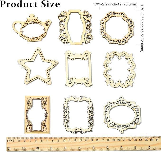 18 pcs 9 Styles Hollow Pyrography Theme Unfinished Blank Wood Cutout Charms