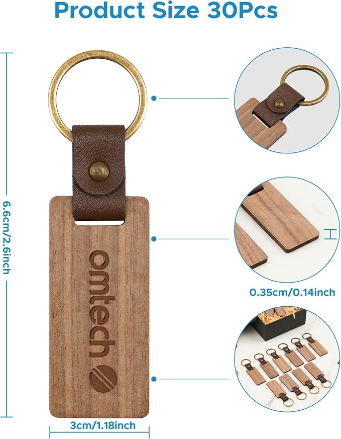 OMTech Wooden Keychain Blanks, Wood Key Chain Bulk, Unfinished Wooden Key Rings